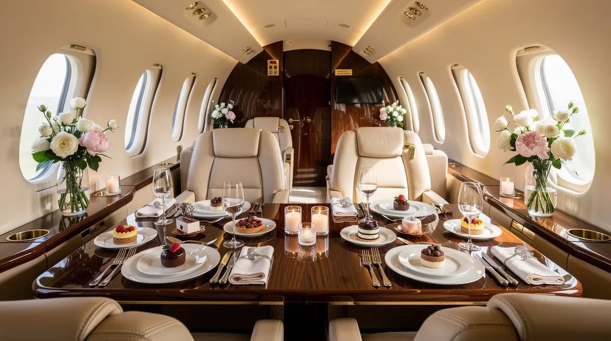 A private jet cabin table set with desserts, flowers, and candles for a celebration