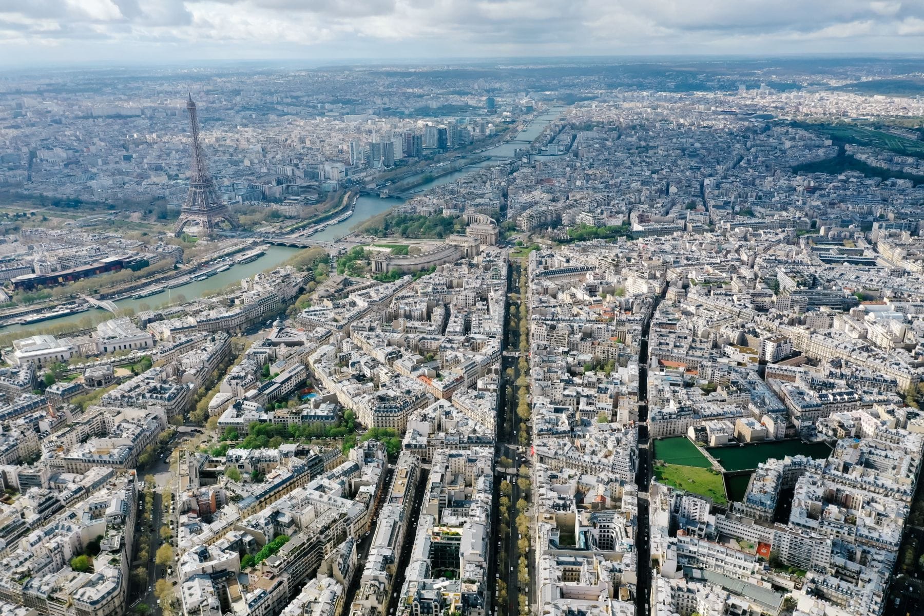 Aerial view of Paris with the Eiffel Tower and the Seine